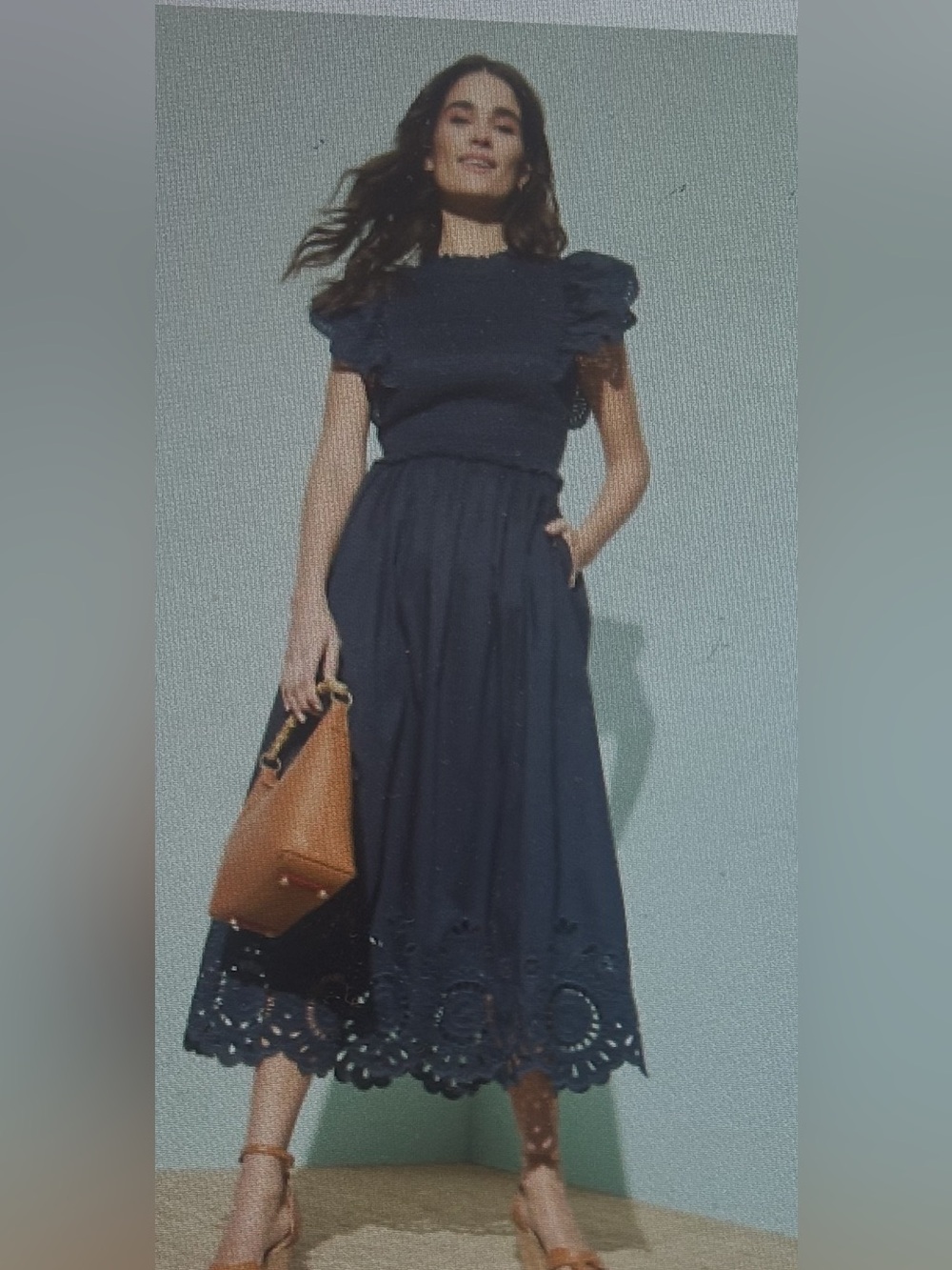 J.McLaughlin Navy Eyelet Midi Dress with Smocked Bodice